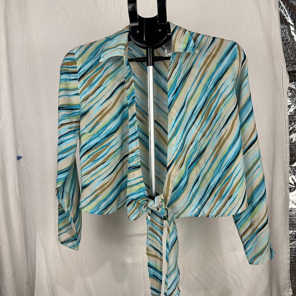 Villager Liz Claiborne Striped Wrap Shirt Petite M | Collared Blouse Career‎ Top